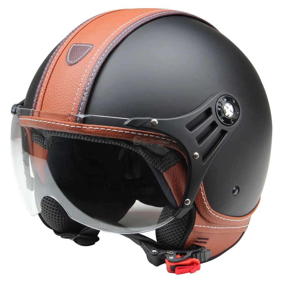 Motorradhelm Jethelm Rollerhelm CMX "Hazel" matt schwarz mit Leder braun S - XL - Bild 1 von 4