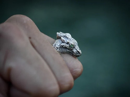 Anillo de regalo de aniversario con diseño de cabeza de dragón único para hombre en plata 935 Argentium - Imagen 5 de 9
