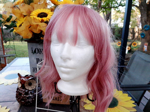 Pink Wavy Wig With Bangs Short Bob Wavy Wig, Curly Synthetic 14" -15" NOB #76 - Picture 2 of 9