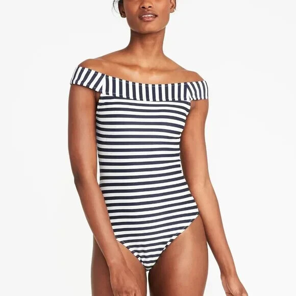 OLD NAVY Women's Navy & White Striped Off Shoulder One Piece Swimsuit L