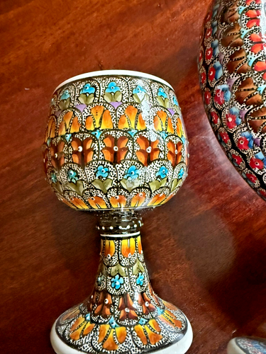 NUOVO grande anello HITTITE decanter vino e 2 bicchieri fatto a mano da Avanos-Turchia - Foto 4 di 13