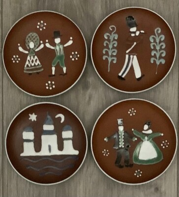 Vintage Signed ''Edith'' Denmark Danmark Set of 4 4'' Folk Art Plates Coasters