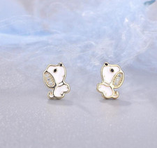 Adorable Gold Tiny White Dog Puppy Pave Cubic Zirconia Stud Earrings