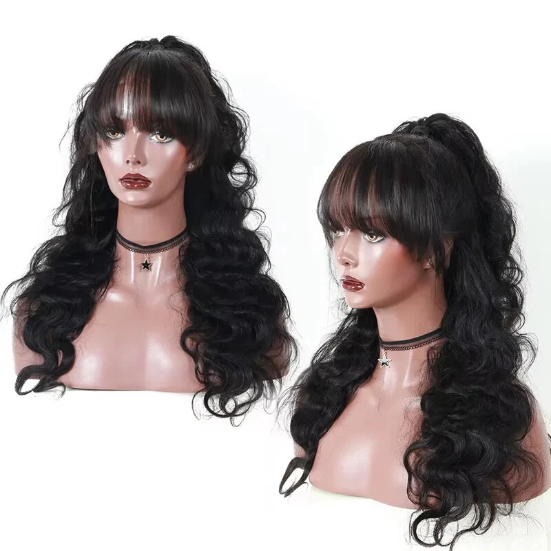 Raw Vietnamese Hair Body Wave Lace Wigs With Bangs Lace Fornt Human Hair Wigs HD - Image 4 of 4