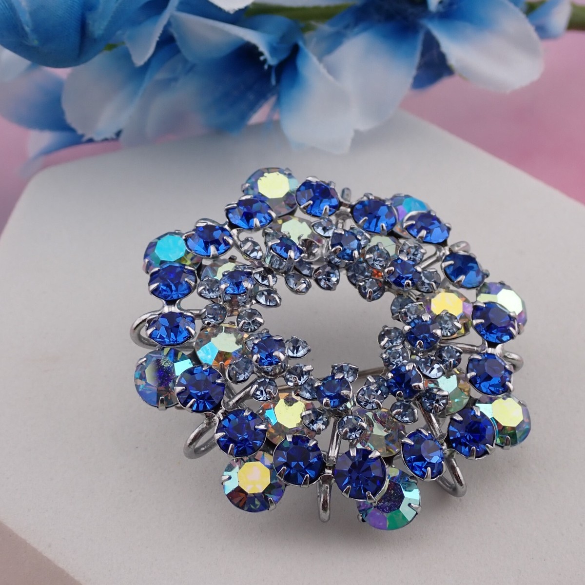 VTG Blue AB Rhinestone layered Ring Wire Base Exquisite Silver