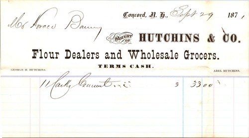 Distribuidores de harina y supermercados al por mayor Hutchins Co Concord NH 1871 Billhead