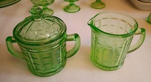 Hazel Atlas Green Uranium Glass Sugar W/ Lid & Creamer Set - Colonial Block