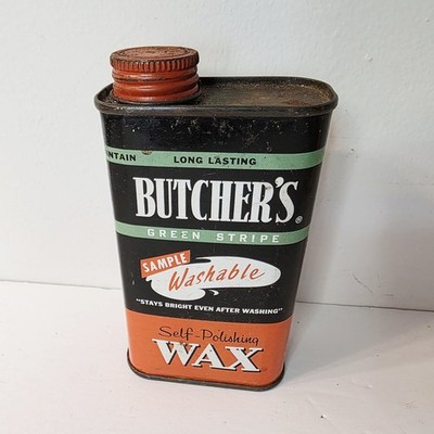 Vtg Can Butcher s Green Stripe Self Polishing Wax 8 oz. Prop Empty Boston