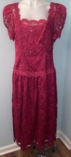 Vintage Cachet Bari Protas Sz 13/14 Fuchsia Puff Sleeve Romantic Lace Maxi Dress