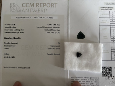GEM REPORT ANTWERP Saphir Trillant blau 1,76 ct natürlich unbehandelt