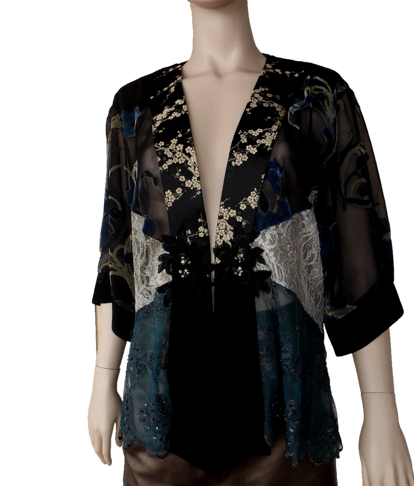 Spencer Alexis Black Teal Cream Floral Crepe Kimono Cardigan Jacket XL Vtg New - Image 3 of 4