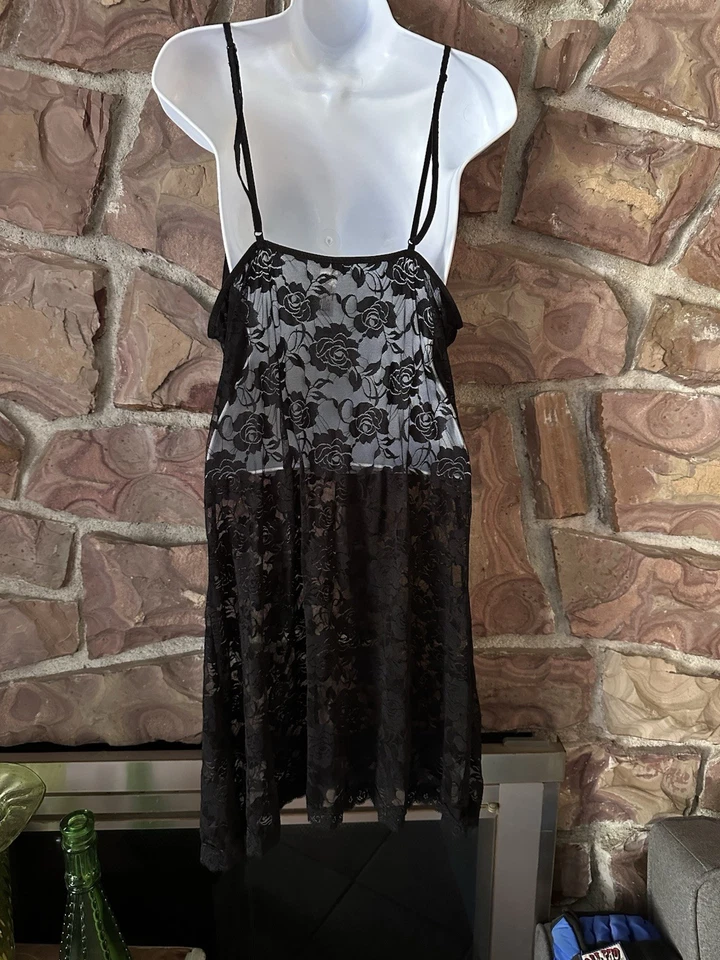 DELTA BURKE Camisón Negro Satinado Negligee Talla 2x Encaje Transparente sl ¡Sexy! Foto 4 de 4