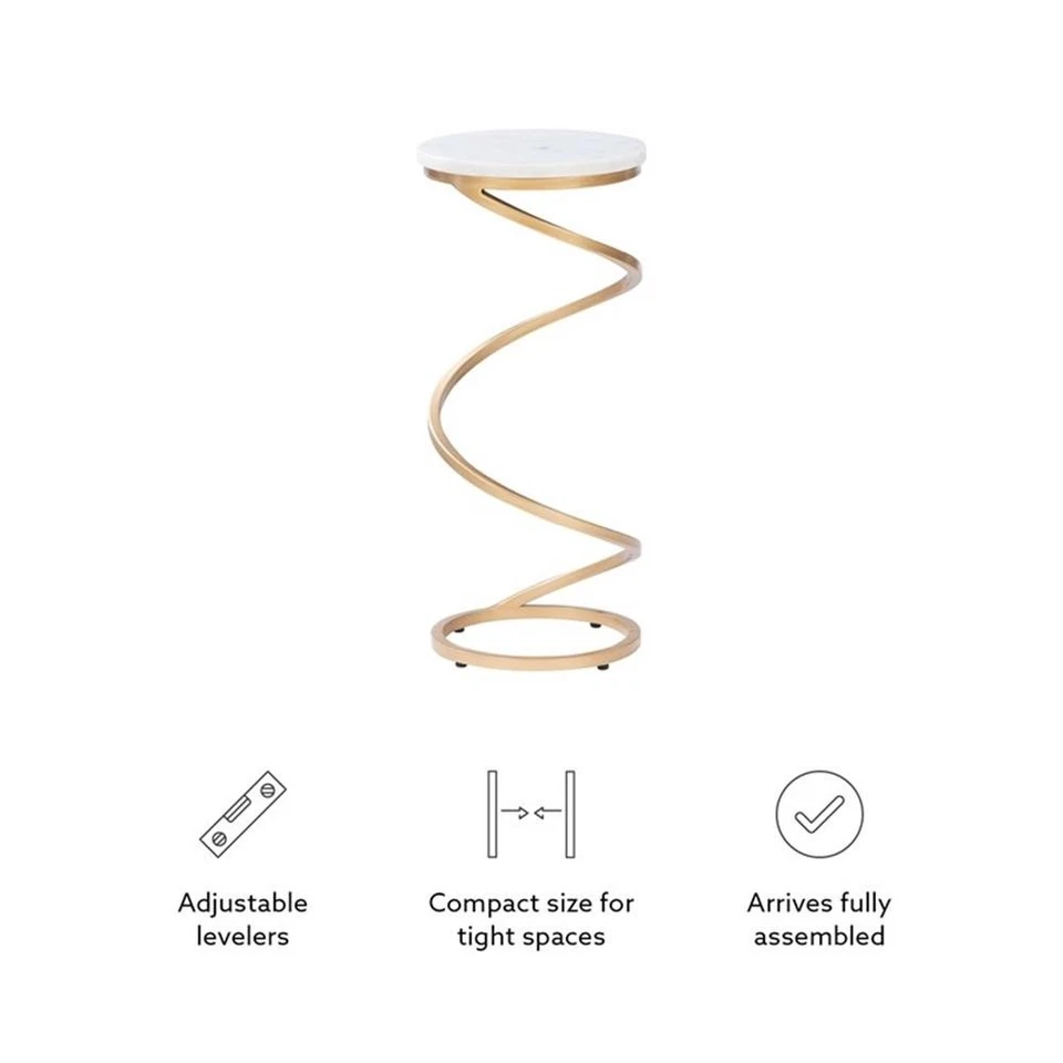 Mesa de Bebida Redonda Linon Atlee Mármol Blanco 10.5" con Base Espiral de Hierro en Dorado Foto 3 de 4