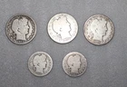 Lot of 5 BARBER COINS 3 HALVES half dollars 2 QUARTERS
