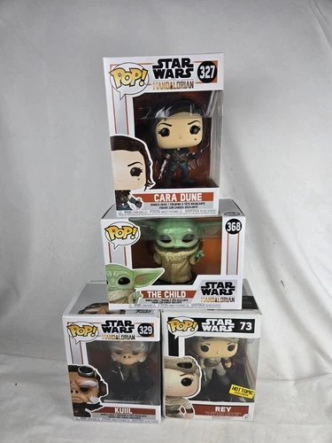 Lot of 4 Star Wars Funko Pops, Rey, The Child, Cara Dune, Kuil