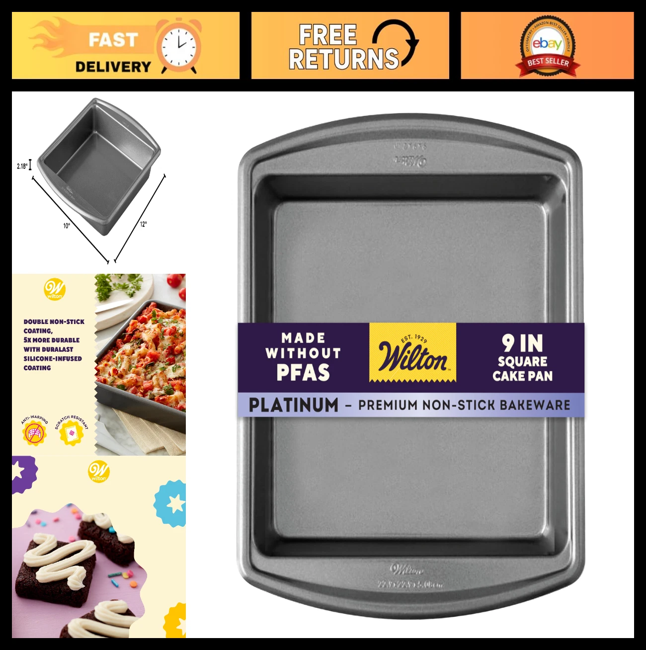 Non-Stick Square Cake Pan for Brownies & Small Cakes - 9x9x2 Inch, Dishwasher Sa