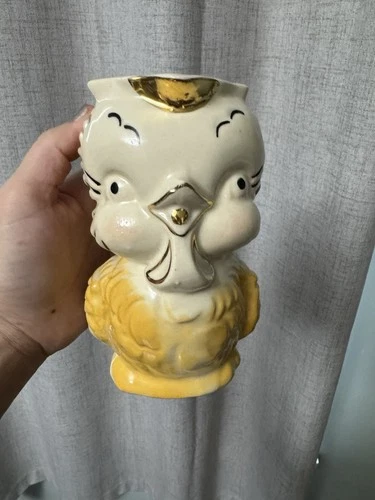 Vintage Shawnee Pottery Yellow /Gold Chicken Bird Owl Pitcher Gold Trim