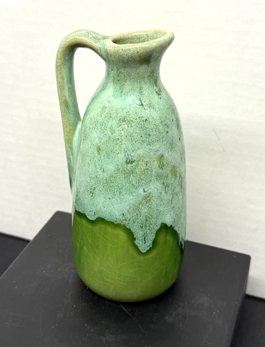 Vintage Handled Small Green Over Green Pitcher Vase Anna Van Briggle H-8
