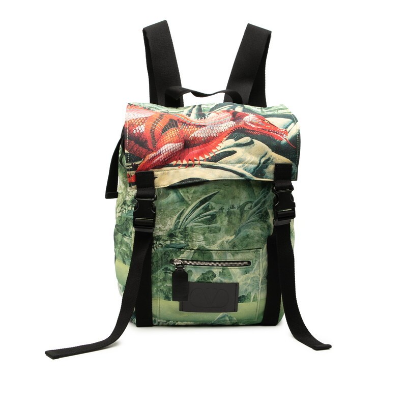 Valentino Dragon Print Backpack Nylon Leather Green Red Men Used Authentic