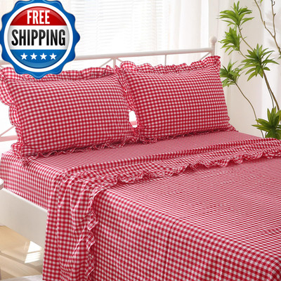 K Masaniji Red White Plaid Ruffle Sheets Twin Size 4-Piece Set 300Tc 100 Yarn