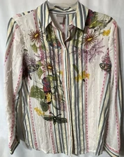 Chico's Embroidered Striped Floral Print Button Front Shirt Size 12