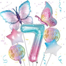 Butterfly Balloons 7th Birthday Decorations for Girls, Gradient Pink Colorful Fo