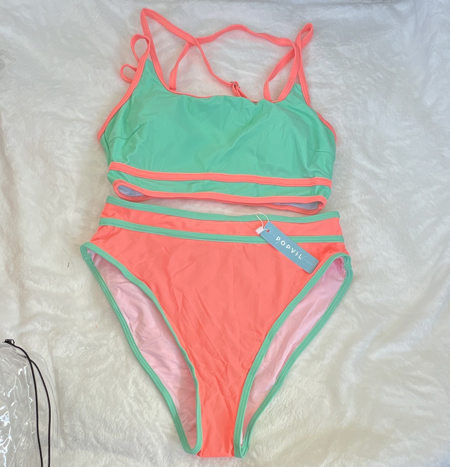 POPVIL Colorblock 2-Piece Bikini Set Coral Green Adjustable Straps High-Waist S