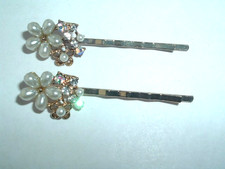 FAUX PEARL  RHINESTONE FLOWER GOLD TONE METAL BOBBY PINS UP DO HAIR ACCESSORY