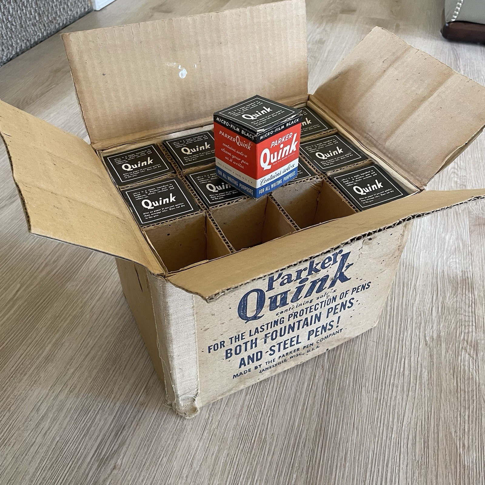 Case of 34 Parker Quink Vintage Micro-Film Black Ink Glass Bottles w/ Boxes