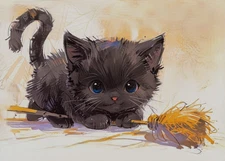 ACEO Mini *Art Print* Black Cat Baby Kitten Playing Halloween Broom by Saulite