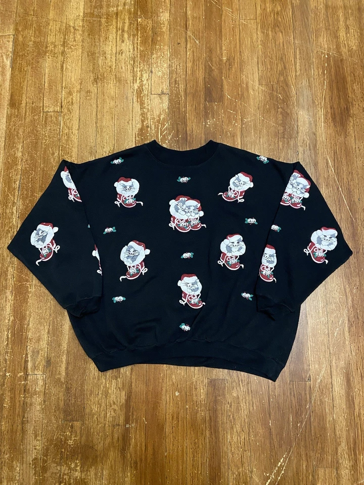 Sudadera grande vintage Cottagecore Christmas Holiday Cat AOP negra para mujer EE. UU. Foto 4 de 4