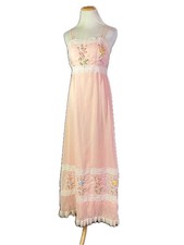 Vintage 1970s Embroidered Maxi Dress Sleeveless Pink Floral