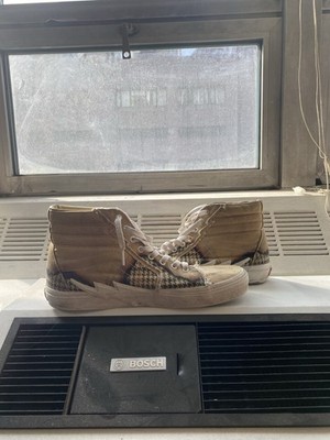 Vans Sk8 Hi Sneakers Beige Houndstooth Flame Accents