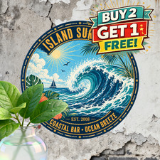 Tropical Island Big Wave Surf Plaque 8x8 Round Coastal Beach Bar Metal Tin Sign