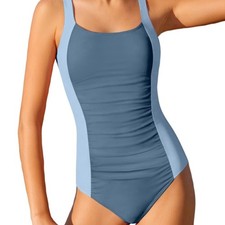 New Girl Swimsuit One Piece Solid Color Ruched Adjustable Straps