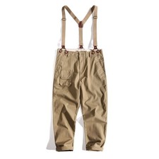 Men's Khaki Suspender Trousers Vintage Style Adjustable Braces Casual Pants