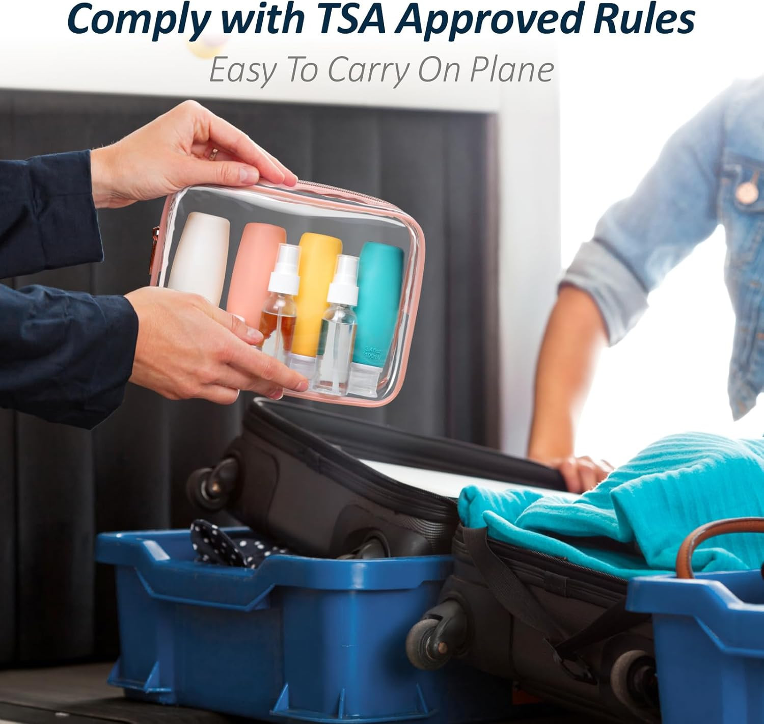 TSA Approved Toiletry Bag with Bottles - Travel Essentials 8 Pack Leakproof 3.4o