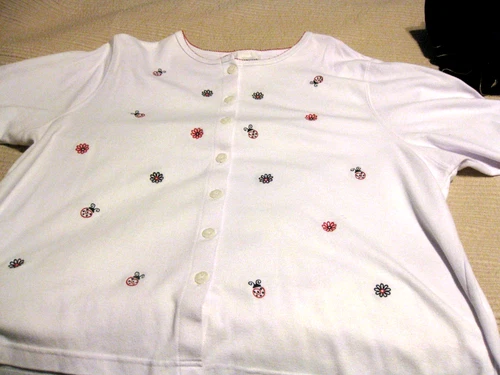 Vintage BonWorth Ladybug Embroidered Top Button Up 3/4 Sleeve White Sz XLP