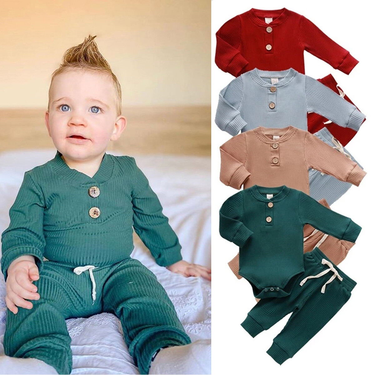 Recién Nacido Bebé Niños Niñas Trajes Manga Larga Acanalado Mameluco Prendas para el torso Pantalones Ropa