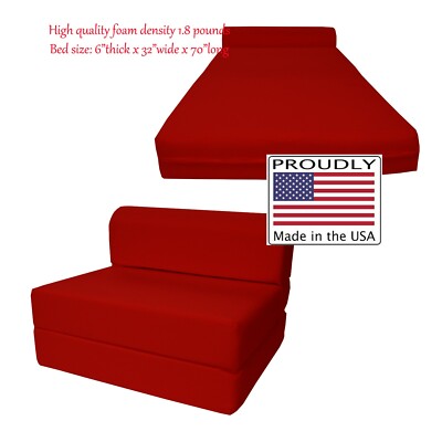 Twin Flip Chair Folding Foam Beds, Portable Studio Sofa Bed, Couch 6x32x70, Red