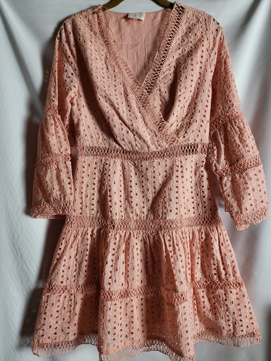 Entro Cottage Core Eyelet Ruffled Lace Bib Dress Size 4 Peach Romantic Sweet