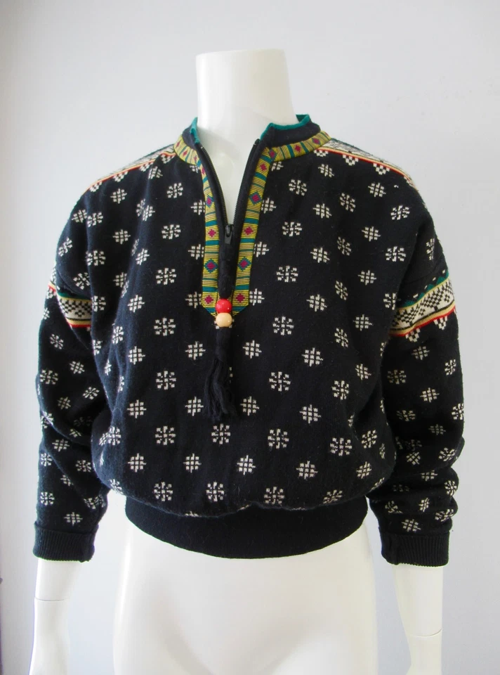 Vintage 80s Obermeyer Boho Bead Zip Nordic Cropped Pullover Wool Blend Sweater S - Image 3 of 4