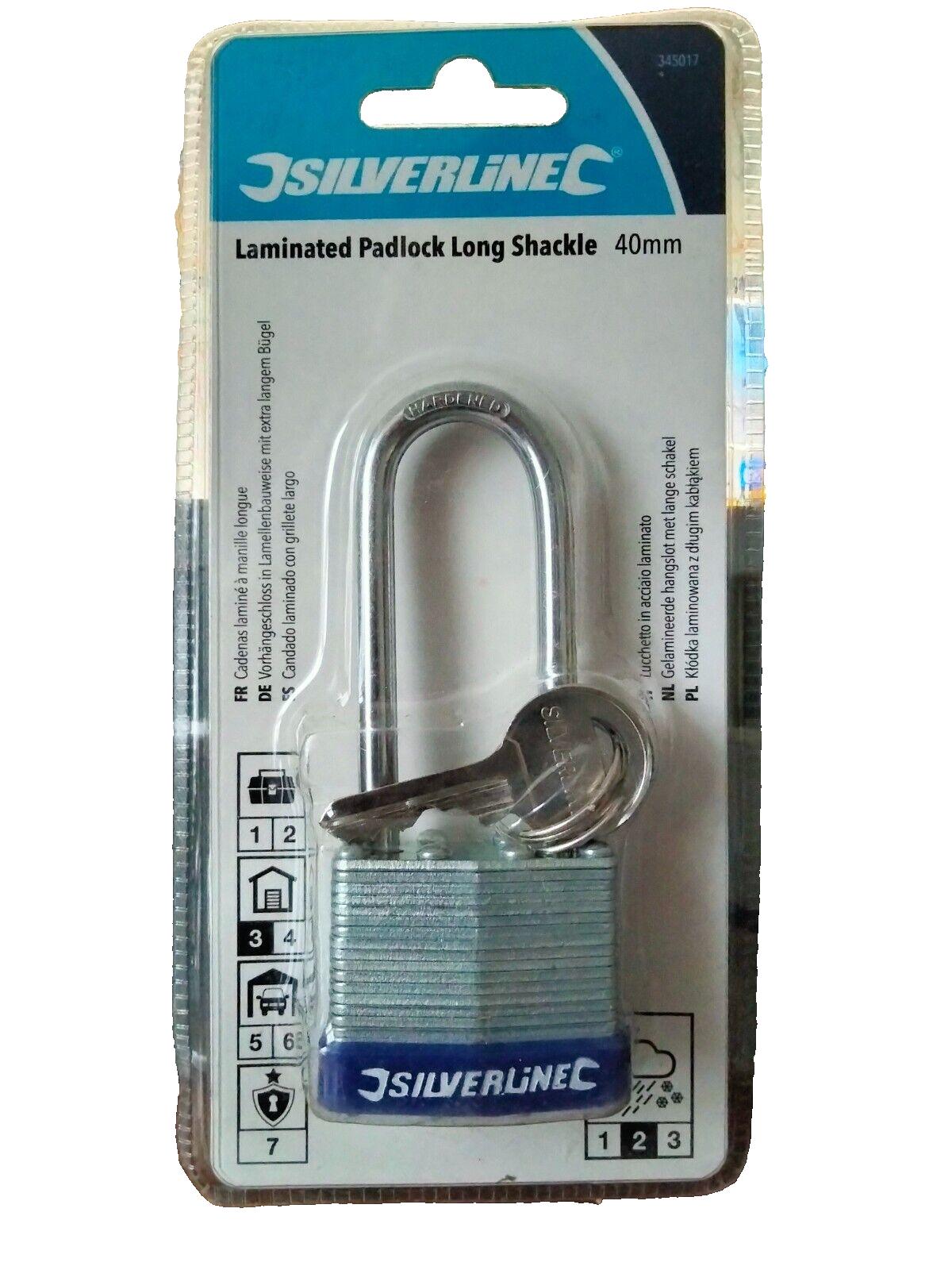 Silverline 40mm Laminated Padlock Long Shackle 3 keys Double Locking