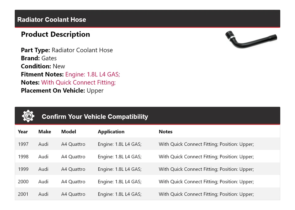 Manguera de refrigerante de radiador de gas para Audi A4 Quattro 1997-2001 1,8 L L4 puertas superiores 1998 Foto 2 de 3
