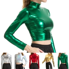 Women's Long Sleeve Crop Top Tank Top Shiny Leather Blouse Top T-Shirts Clubwear