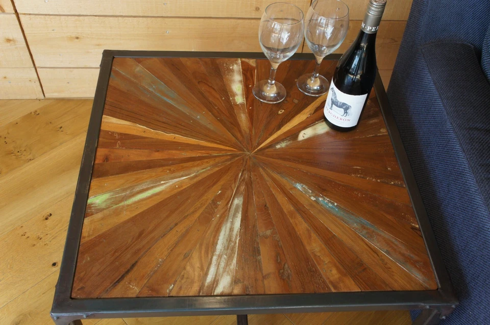 Vintage Painted Teak Industrial Iron Coffee Side Table - Image 2 of 2