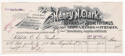 1895 HENRY CLARK BILLHEAD STOVE RANGES FURNACE COAL HODS BLACKSTONE ST BOSTON MA