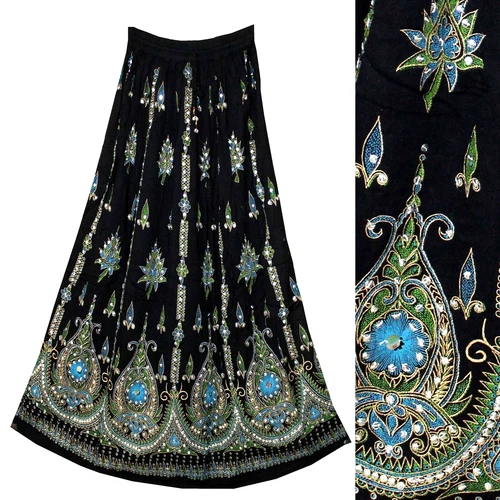 Plus Size XL/XXL/1X/2X Indian Ethnic Floral Sequin Maxi Skirt For Women Boho