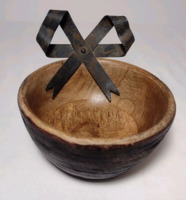 Mud Pie Distressed Wood Bowl Metal Bow Rustic Accent Decor 5'' Textured 