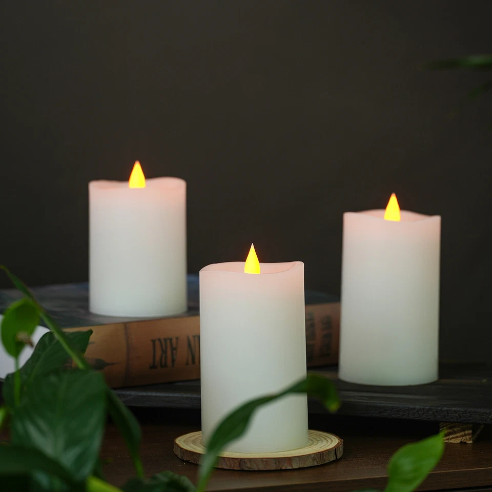 Velas de cera sin llama de 3x5" con control remoto, vela pilar parpadeante con temporizador 3 piezas Foto 3 de 4